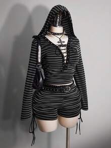 SHEIN ICON Plus Size Y2K Dark Punk Style Casual Side Ruched Drawstring Striped Shorts Goth Shorts Black And Gray Striped Shorts Ruched Shorts - Black - View 6