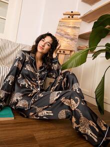 Chillnights Fashionable Casual INS Quality Faux Silk Black Leopard Print Oversized Women PJS Women Silk PJS Silk Pj Set Black Satin Pj Set - Multicolor - View 6