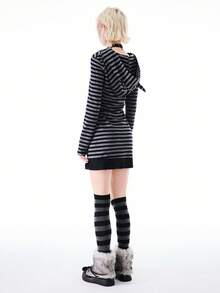 Bloopia Women's 2 In 1 Striped Doberman Ear Fuzzy Hooded Long Sleeve Mini Dress - Multicolor - View 2