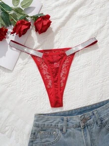 SHEIN Women Glittery Tape Lace Sexy Underwear G-String Bridal Lingerie, Rave - Red - View 2