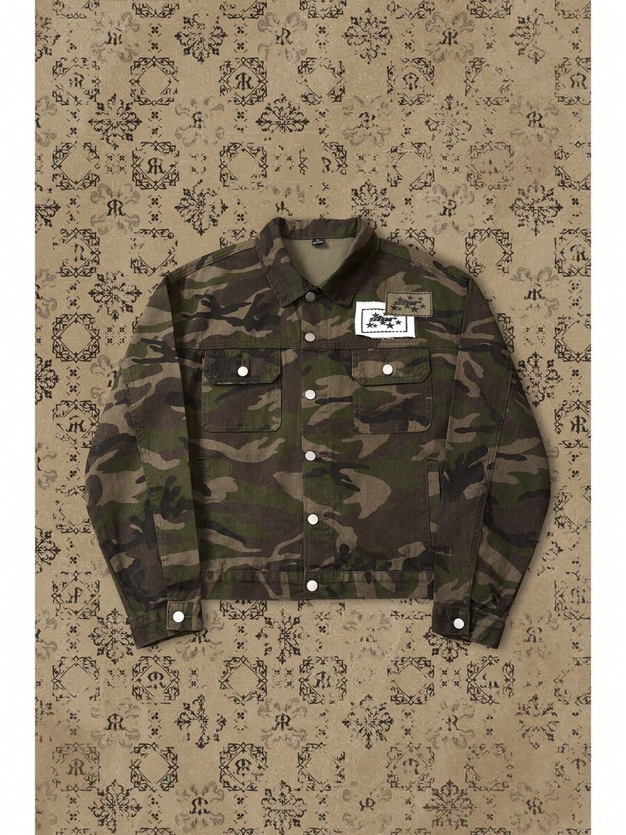 RivetRise 男士做旧长袖牛仔夹克，深色纯棉，黑色，适合派对、朋克、说唱、外出、度假、国家公园、都市健身等场合，秋季必备 - 軍綠色 - 查看 1