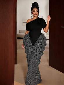 Maweii Robe à manches asymétriques froncées avec imprimé à carreaux et ceinture à la taille, convient pour les fêtes, Halloween, Thanksgiving, Noël, printemps/été/automne/hiver, mode, élégante, décontractée, bureau, rendez-vous - Noir - Voir 7