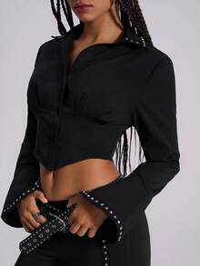 TypaGal Y2K Edgy Chic Urban Bold Modern Rebel Sparkle Wild Sexy Stylish New Year Winter Summer Black Woven Loose Studded Decoration Bell Sleeves Women Blouses