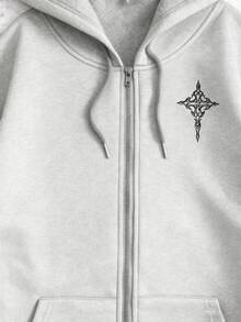 Sudadera con capucha de cierre completo roja con estampado geométrico bordado para mujer estilo casual urbano - Gris - Ver 8