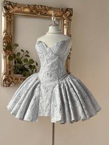 Lovelzi Váy dạ hội trang trọng ngắn dáng chữ A, cổ tròn, eo cổ điển, chất liệu vải dệt jacquard màu đỏ sang trọng và thanh lịch dành cho nữ - trắng - Xem 6