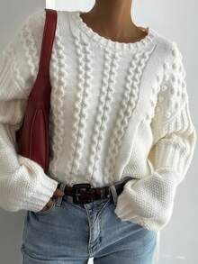 DAZY Women's Textured Crew Neck Casual Sweater, Winter Vacation - White - View 6