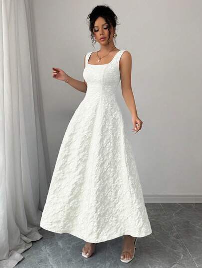 Vestido elegante vintage de cuello cuadrado con estampado jacquard para mujer,Diseño sin mangas,Vestido con relieve floral,Vestido elegante para mujer