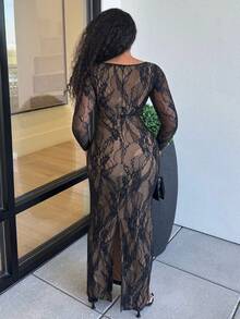 Alexandranx 女士新款秋冬派对/约会/宴会性感 S 形蕾丝长袖罩杯紧身胸衣领修身及地长黑色连衣裙 - 黑色 - 查看 2