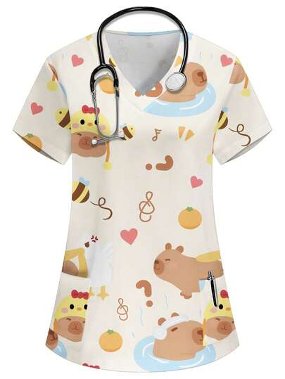 PopScrub 女士V领短袖双口袋可爱水豚、鸭子、爱心、橙色、小鸡印花护士/医生工作服上衣/检查手术服/女士纯色宠物美容工作服上衣/营养师工作服短袖/实验室工作服，多口袋功能性工作服，女士节日实用款，可爱又喜庆