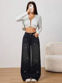 SHEIN PETITE Winter Summer Women's Casual Vacation Party Distressed Rhinestone Embellished Wide Leg Comfortable Black Washed Straight-Leg Jeans - Black - View 3