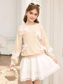 Beige,Autumn,Cute,Matching Family Girls Sweater & Skirt Set,Long Sleeve Crew Neck Ribbed T-Shirt With 3D Bow Decor + Lace Patchwork Layered Mini Skirt - Khaki - View 3