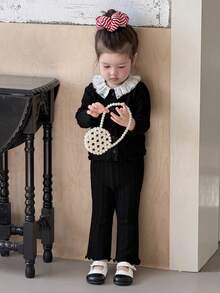 DAZY 女童蕾丝拼接韩版休闲纹理长袖上衣和裤子套装 - 黑色 - 查看 5