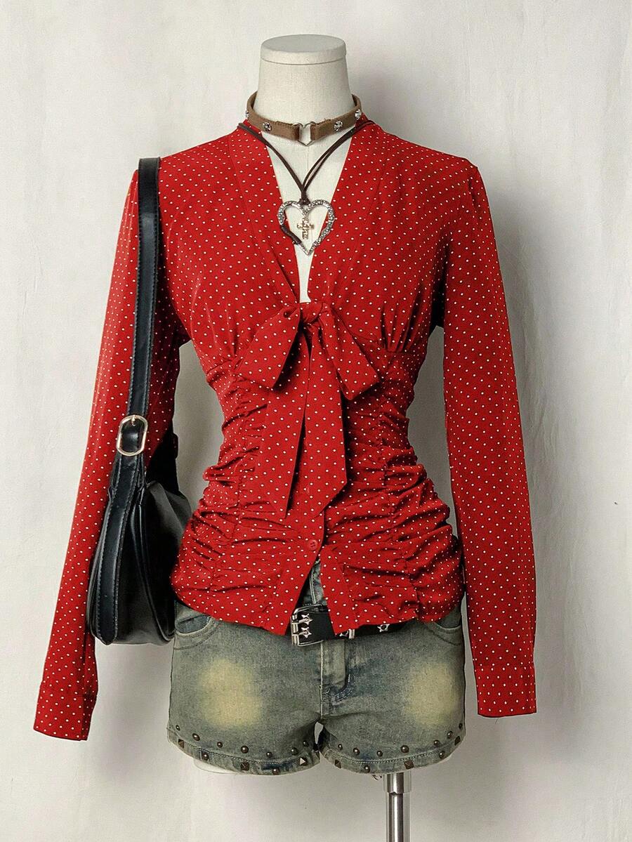 EgrlEra Áo cánh tay ngắn họa tiết chấm bi viền bèo nhún cho nữ - Màu Đỏ Sâu - Xem 1