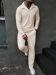 Manfinity CasualCool 男士休闲纯色长袖 Polo 衫和裤子两件套 - 米色 - 查看 4