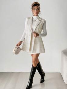 Elyressa 2pcs Women Set: Tweed Fabric Vest + A-Line Mini Skirt, Elegant Commuting Outfit - White - View 6