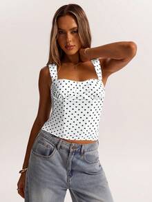 SHEIN BAE 女士约会之夜女友派对生日派对夜店节日派对优雅黑色波尔卡圆点上衣，女友派对，约会，日常街头通勤紧身胸衣，可爱紧身胸衣，性感上衣俱乐部，紧身胸衣上衣，夏季上衣，可爱上衣，