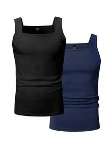 Manfinity Homme 2 Packs Men's Solid Ribbed Casual Versatile Tank Top Men Sleeveless Tops Ribbed Tank Top Men Men Tank Top Pack - Multicolor - View 3