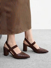 CUCCOO BIZCHIC 女士时尚咖啡色压纹舒适弹力带尖头粗跟高跟鞋，适合通勤、度假和日常穿着 - 咖啡棕 - 查看 3