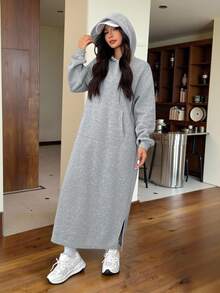 SHEIN EZwear Gray Casual Long Hooded Sweatshirt, Autumn/Winter,Long Sleeve Tops - Grey - View 5