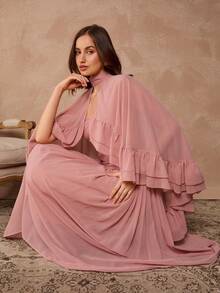 Enchnt Damen Einfarbiges minimalistisches Kleid mit Rüschensaum - Altrosa - Übersicht 5