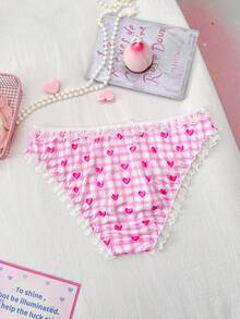 Women's Lace Patchwork Plaid & Heart Print Bow Decor Panties - Pink - View 2