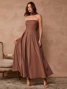 Enchnt Vestido sin tirantes con diseño plisado y acampanado, de moda para fiestas y reuniones - Café integral - Ver 3