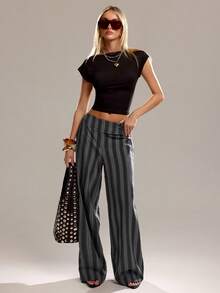 Avantive 女士弹力腰带条纹口袋阔腿休闲裤 - 灰色 - 查看 6