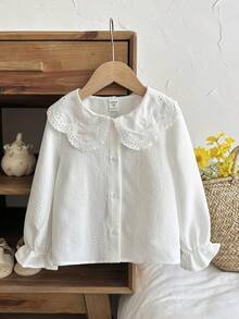 LMoss Kids 女童纯色荷叶边领长袖休闲衬衫 - 白色 - 查看 4