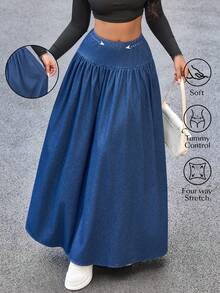 Flexra Women's Solid Color Pleated Fashionable Versatile Long Denim Skirt - Blue - View 1
