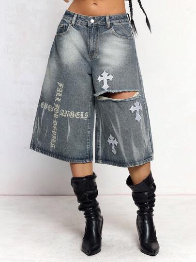 J-Fashion Jeans a vita bassa, 7/8 lunghezza, stile punk Y2K, con ricamo a croce e stampa di lettere, modello ampio