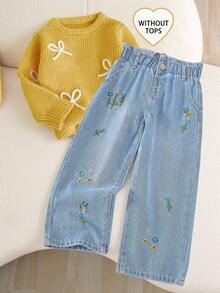 SHEIN Vintaside Kids 少女可爱刺绣牛仔裤，适合日常穿着 - 中等水洗藍 - 查看 9