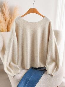 SHEIN Cosyjoi Áo len chui đầu họa tiết hoa jacquard cổ chữ V rộng rãi cỡ lớn thời trang thu đông cho nữ - Màu be - Xem 2