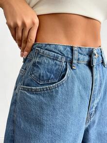 EURMUSE Fashionable Commuter Leopard Print Patchwork High Waist Wide Leg Jeans - Blue - View 6