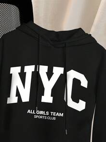 EMERY ROSE Women's Black Plus Size Curve Fleece Hooded Dress With Drawstring And New York NYC Letter Print ,Long Sleeve Sweathirt Graphic Outfit - Black - View 4