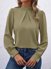 EMERY ROSE 1pc Women's Solid Color Stand Collar Elegant Long Sleeve Blouse - Green - View 3
