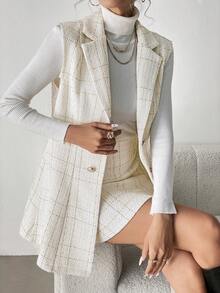 Elyressa 2pcs Women Set: Tweed Fabric Vest + A-Line Mini Skirt, Elegant Commuting Outfit - White - View 4