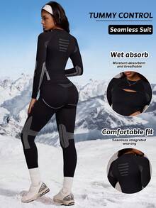 SHEIN Core Rhythm Bộ đồ lót giữ nhiệt liền mạch bó sát dành cho nữ khi trượt tuyết, chạy bộ, tập yoga, trượt tuyết, đạp xe, mùa thu/đông - màu đen - Xem 2