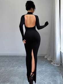 INAWLY 大码女式优雅纯色高领修身连衣裙，适合秋季穿着，也适合日常穿着、约会、度假、生日派对、返校派对、单身派对、旅行等各种场合。 - 黑色 - 查看 2