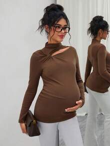 Momance Maternity Solid Color Long Sleeve T-Shirt With Asymmetrical Twist Hollow Design - Brown - View 6