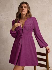 Elegantrix 大码女式撞色蕾丝系带灯笼袖派对连衣裙，秋冬款 - 玫紅色 - 查看 3