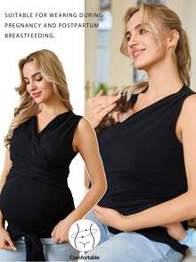 SHEIN Maternity Casual Solid Color Wrap Camisole Maternity Top Dress For Pregnant Women Sexy Maternity Clothes Maternity Clothes T Shirts Maternity Clothes For Photoshoot - Black - View 3