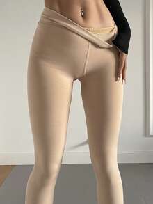 DAZY Sheer Black Tights, Leg Slimming Opaque Pantyhose, Thermal Lined Footless Leggings - Apricot - View 10