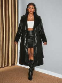 Hourglow Plus Size Women Casual Warm Faux Fur Long Sleeve Jacket, Autumn/Winter, For Hourglass Body Shape - Black - View 4