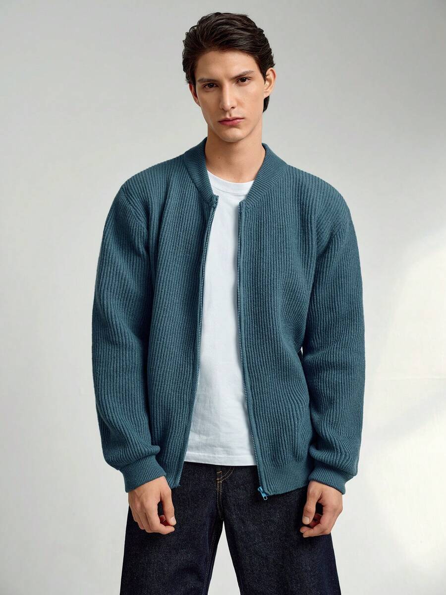 RONVEXI Men's Solid Color Long Sleeve Casual Zip-Up Knit Cardigan, Autumn/Winter - Dusty Blue - View 1
