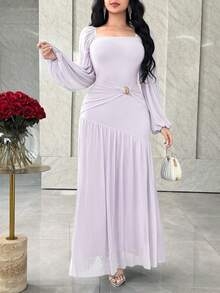 Feyla فستان أنيق للنساء بياقة مربعة وأكمام فانوس وخصر مزين بمعدن ذو لون أحادي - ارجواني فاتح - مشاهدة 4