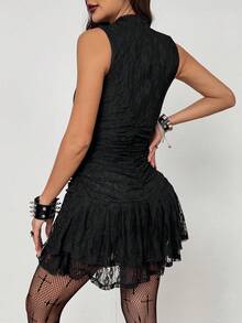 Coolane Women's Spring/Summer Chic Goth Punk Y2K Rave Outfit Renaissance Fair Club Outfits Party Hippie Music Festival Contrast Lace Black Mini Tank Dress - Black - View 2