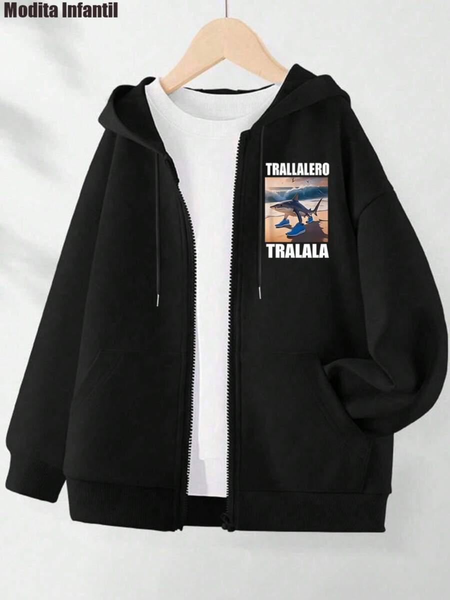 KID005|Navidad|1 pieza Abrigo infantil|Chaqueta con capucha para niños|Suéter para infantes con estampado atractivo "TRALLALERO TRALALA", perfecto para la moda infantil y la comodidad - Negro - Ver 1