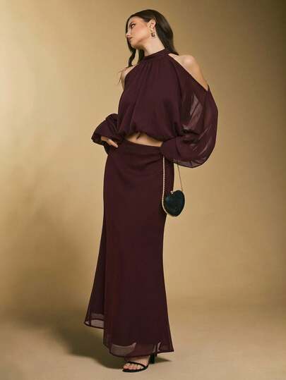 Poéselle レディース ソリッドカラー オフショルダー ランタンスリーブ トップス ミニスカート 2点セット