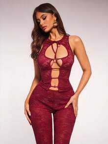 Radiana Women's Sexy Burgundy Lace 2-Piece Set, Lace Camisole + Low-Waist Lace Capri Pants, Sexy Hollow-Out Backless Lace Set, Fitted Lace Set, Capri Pants Set, Suitable For Dates, Gatherings, Parties, Galas, Nightclubs, Holidays, Vacations, Beaches, Holiday Outings - Burgundy - View 5