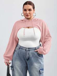 SHEIN CURVE+ Plus-Size Black Knitted Ultra-Short Hooded Sweater, Suitable For Autumn And Winter Wear/Autumn /Winter - Pink - View 5